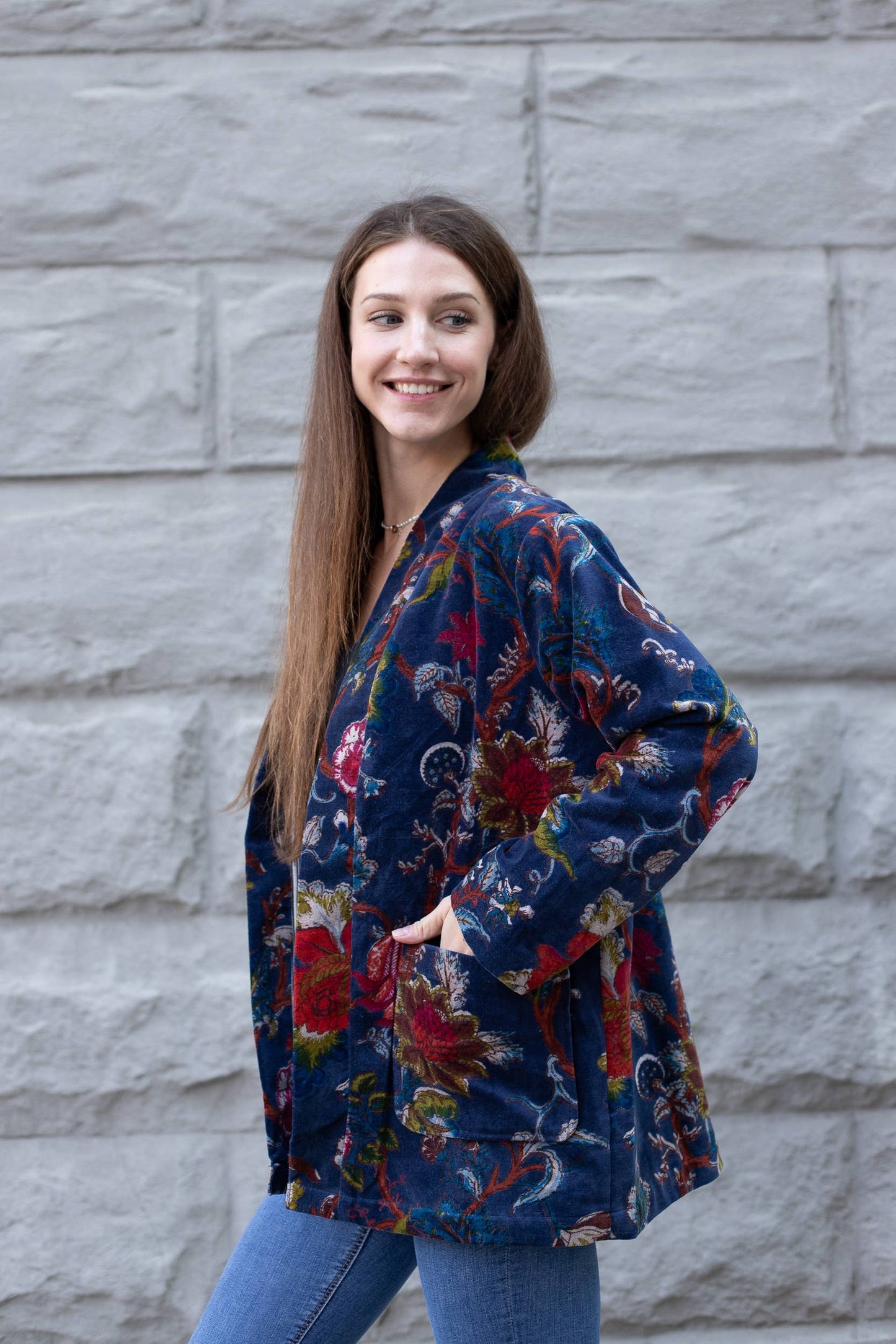 VIKOLINO - Velvet Short Jacket Kimono Style: Blue Bird