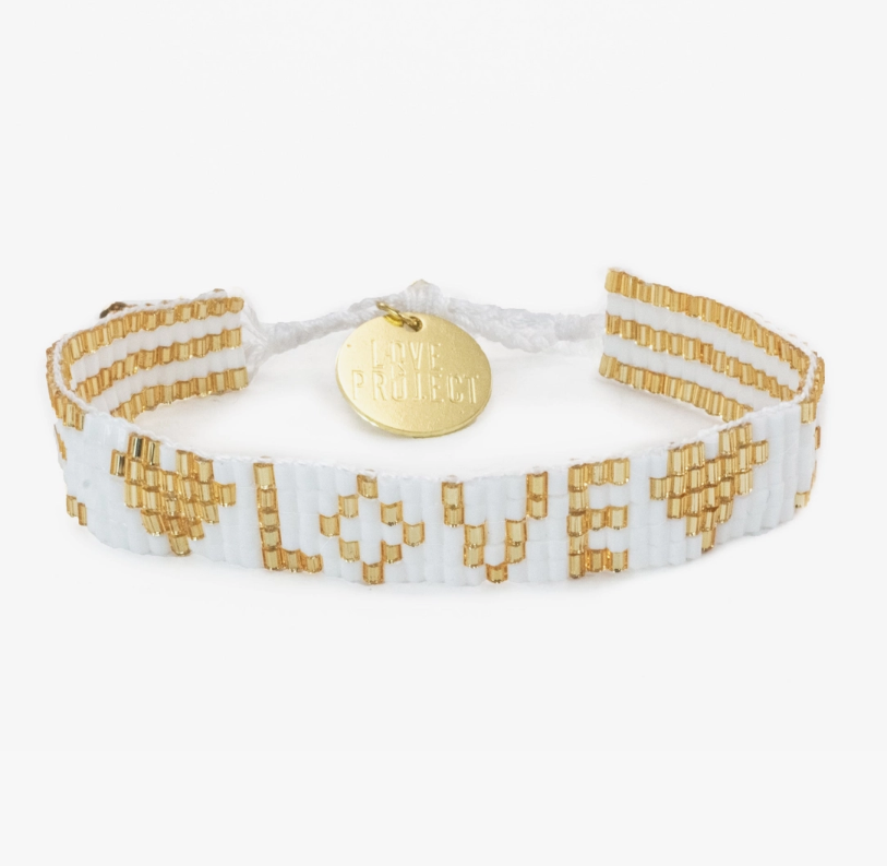 Love is Project - Seed Bead Love with Hearts Bracelet - White & Gold