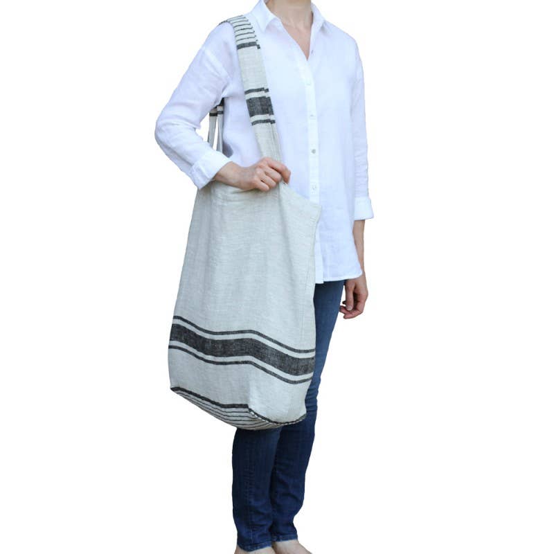 LinenCasa - Oversized Linen Tote Bag - Grey with Black Stripe