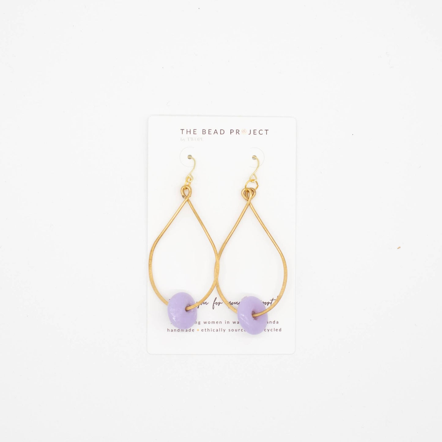 The Bead Project by TWOPU - Recycled Glass Brass Hoops - Lavender