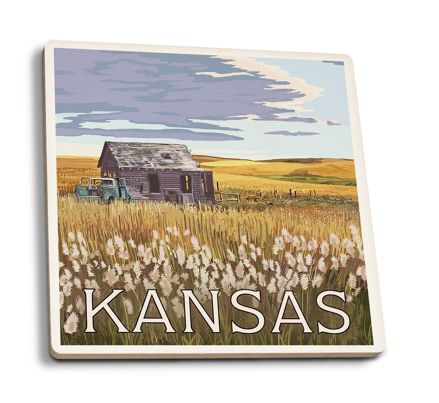 Lantern Press - Ceramic Coaster Kansas, Wheat Fields and Homestead